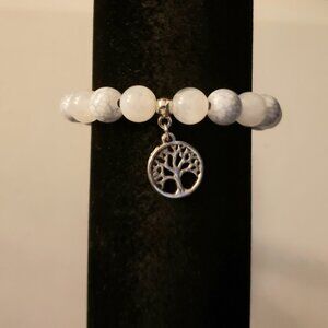 3/$10 Tree of Life Beaded Bracelet Silvertone White Gray Round Stone Beaded